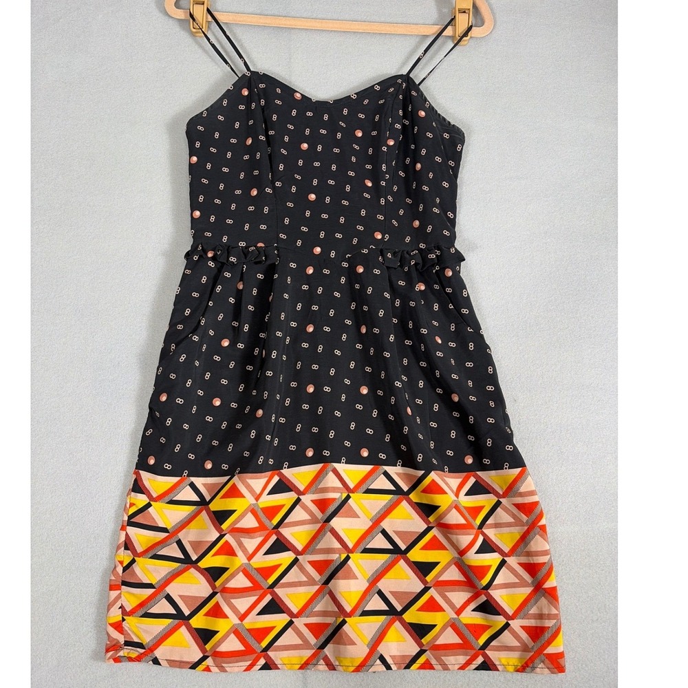 Mixed Print Mini Dress Black Geometric Polka Dot Sleeveless with Pockets